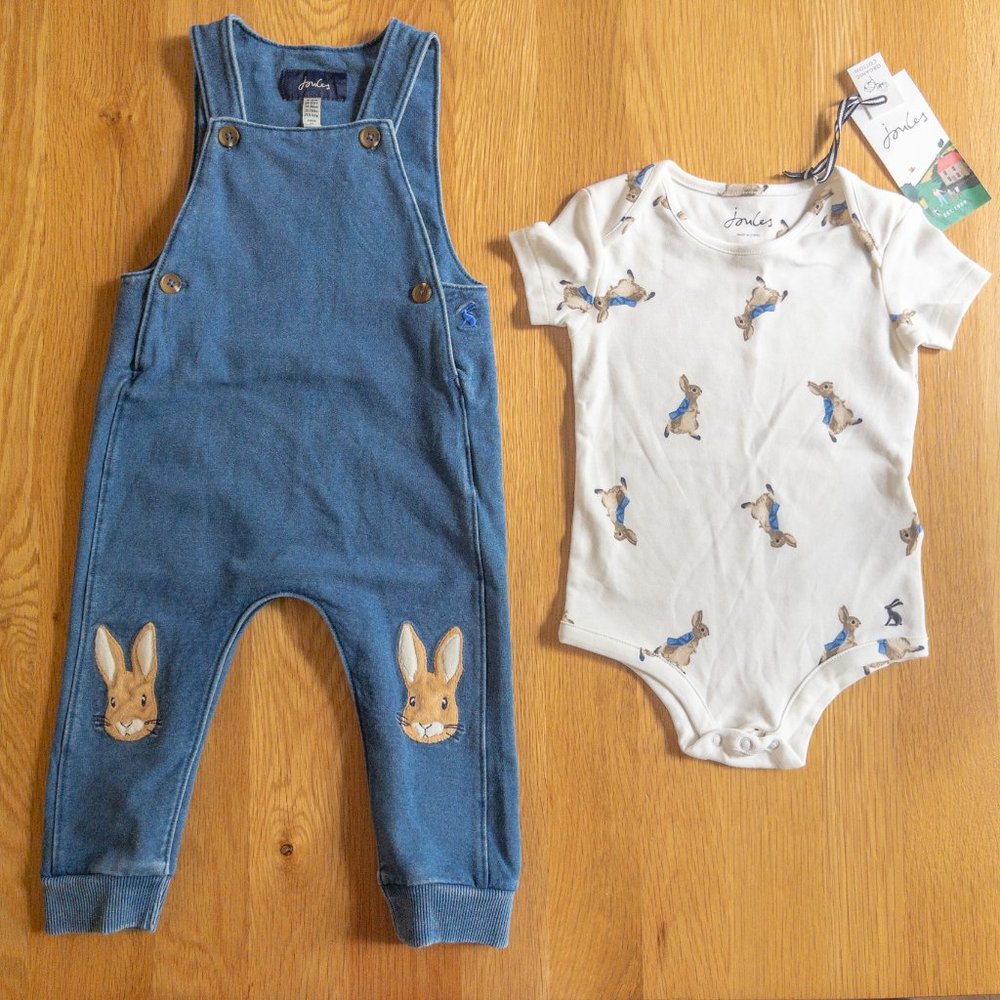Joules 9-12m Set, Peter Rabbit Onesie & Fluffy Bunny Kneepad Overalls - NWT